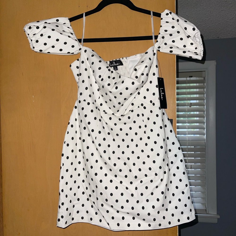 Lulus Black & White Polka Dot Off the Shoulder Mini Dress
